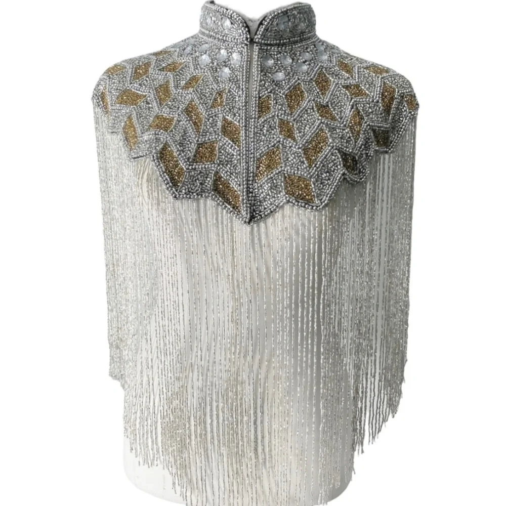 Silver and gold hand beaded fringe capelet O/S - Picture 1 of 8